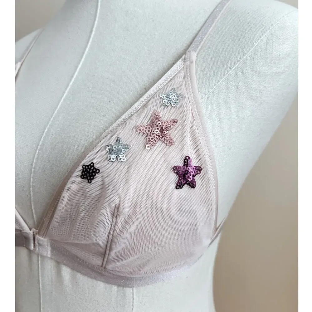 Victoria's Secret Pink Triangle Bralette Medium Sequins No Padding Front Close